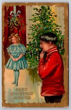 Best Christmas Wishes Boy & Girl Christmas Tree Ornaments c1910 Postcard picture