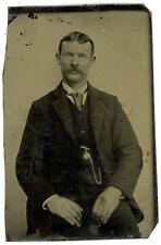 c1860'S 1/6th Plate TINTYPE Handsome Man With Mustache in Suit With Pocketwatch picture