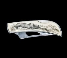 Scrimshaw Bear and Fish Design Stainless Steel Silver Hawk Pocket Knife picture
