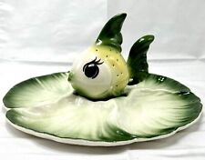 Vtg Big Eyed Anthromorphic Green Fish Figurine Toothpick Appetizer Platter 12” picture