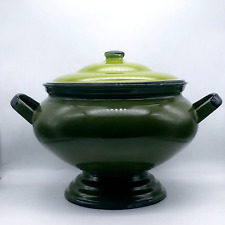 Vintage OTTO Japan 1960s Olive Green Enamel Soup Serving Tureen Pot with Lid picture