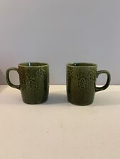 VTG Avocado Green Glaze Floral Coffe Tea Mugs Ceramic Retro Set of 2 Japan picture