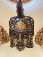 African Tribal Caved Wood Face Beaded Gold Paint Aztec Style picture
