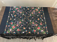 VTG Spanish Hand Embroidered Tablecloth Shawl Wrap Floral Birds Fringed 55 x 55 picture