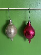 2 Vintage Blown mercury Glass Pink white silver Teardrop Christmas Ornaments USA picture