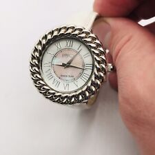 23890 ECCLISSI STERLING SILVER WATCH WHITE LEATHER BAND LINK FACE TRIM WORKING picture