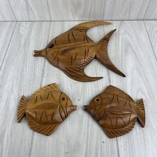TRIO Vintage Blair Hawaii Monkey Pod Wood Hand Carved Angel Fish Wall Art Signed picture