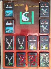 Lot of 10 NEW oil lighters in display stand. Hunting and Fishing theme graphics picture