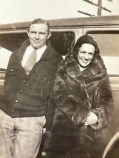 H2  Photograph 1930's Cute Couple Posing With Old Car Laughing Smiling Woman Fur picture