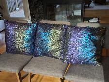 Set Of 3 Purple Green Blue sequined Throw Pillows Peacock Look Glam Dark NEW picture