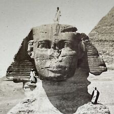 Antique 1909 Man Standing On The Great Sphinx Egypt Stereoview Photo Card V2874 picture