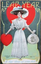 August Hutaf Artist Signed 1908 Leap Year Postcard, Woman with Money Bags, Litho picture