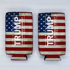 TRUMP 2024 Fan Beer Thin SKINNY Seltzer Can Coozie Koozie USA Flag Gift QTY 2 picture