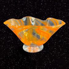 Hand Blown Clear Orange Swirls Bowl Dish Ruffled Top Glass Hand Made Glass VTG picture
