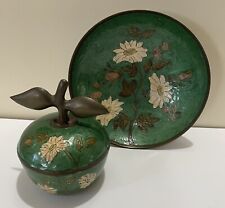 Vnt Green Floral Brass Enamel Cloisonne Apple Bowl Lid, Footed Bowl Dish Décor picture