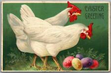 Vintage 1909 EASTER Embossed Postcard White Hen and Rooster / Colored Eggs picture