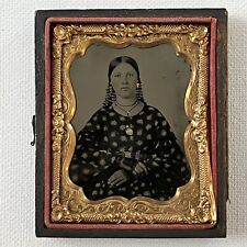 Antique Tintype Photograph Case Beautiful Young Woman Irish Lace Ball Fringe picture