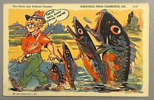 Postcard Cambridge Maryland Greetings Farmer Fishing Exaggeration Linen 1934 VK picture