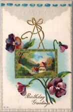 c1910s BIRTHDAY GREETINGS Embossed Postcard Cottage Scene / Violet Flowers picture