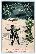 Christmas Postcard Drunk Man Winter Holly Berries Mistletoe Bamforth 1915 Posted picture