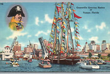 Tampa FL Postcard Gasparilla Entering Harbor Pirate Ship Vintage Linen Unused picture