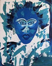 Original Painting Blue Green African Woman Songstress Mask Semi-Abstract Face picture