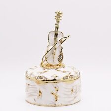 Bejeweled Enameled Hinged Trinket Box/Figurine With Rhinestones-Cute White Cello picture
