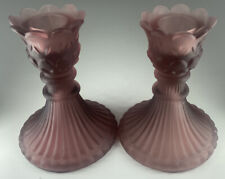 1930s  Depression glass Vintage Pink/￼Amethyst Frosted Candle Holders a Pair 4”￼ picture