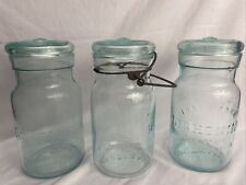Lot Of 3 Vintage Aqua Glass Lightening Jars Putnam Trademark picture