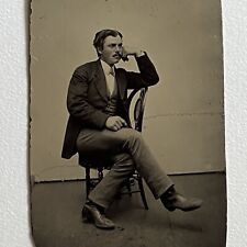 Antique Tintype Photograph Charming Handsome Young Man Mustache Boot Great Pose picture