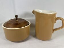 VTG MCM USA Brown & White Cream & Sugar Bowl w/ Wood Lid Brass Finial picture