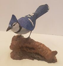 Vtg Hand Carved & Painted Blue Jay Bird Life-Size on wood base Signed & Dated picture
