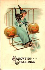 Vintage Gottschalk Witch on an Airplane, Bi-Plane, Cat, JOL Halloween Postcard picture