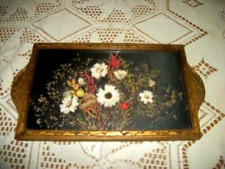 ART DECO WOOD VANITY TRAY DRIED FLOWERS UNDER GLASS DECO CARVED HANDLES 1920 picture