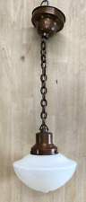HANGING PENDANT LIGHT Antique Schoolhouse Glass Shade ALL BRASS CHAIN & FIXTURE picture