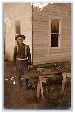 c1910's Postcard RPPC Photo Old Man Carpenter At Work Construction Antique picture