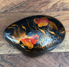 Hand Painted Orange Koi Fish On Black Rock Stone Glossy Japanese Paper Weight picture