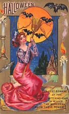 Vintage Halloween Pretty Witch Bats Make Face on Full Moon Candles 1910 Postcard picture