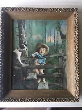Antique Crying Boy with Dog Print w/Antique Wooden Frame, 15 1/2