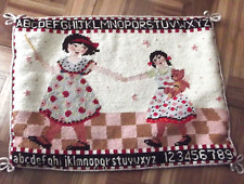 Vintage Katha Diddel Needlepoint Pillow Cover Wool & Cotton Sisters Playing NICE picture