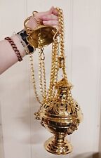Polished Brass Hanging Incense Burner Orthodox Censer with Boat and Spoon 10 In picture