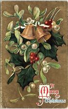 c1910 MERRY CHRISTMAS GILDED HOLLY BELLS PLATTEVILLE WISCONSIN POSTCARD 41-163 picture