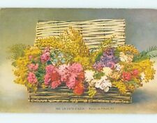 Pre-Linen foreign COLORFUL ASSORTMENT OF FLOWERS IN WICKER BASKET HL7339 picture