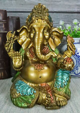 Seated Hindu God Ganesha Ganapati Holding Trident Axe and Modaka Bowl Figurine picture