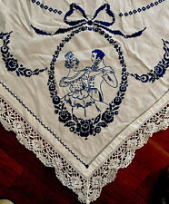 VINTAGE Courtship Love HAND EMBROIDERED CROSS STITCH TABLECLOTH  76” X 62” Fine picture