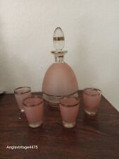 Vtg Liquor Decanter With 4 Matching Shot Cups Frosted Glass 24k Gold Trim 1960's picture