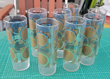 Rare 8 pc Vtg Mid Century Federal Glass Gold w Turquoise Hi Ball glasses Barware picture