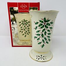 Lenox Holiday Holly Print Pierced Vase 8inch Tall 824729 Christmas Gold Trim picture