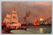 Artist Signed Antique PC Moon Rising Night Ships Sailboats Steamship Busy Harbor picture