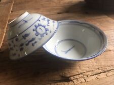 Vintage Blue And White Porcelain Rice Bowl Set Of 2 Antique Abstract Design Rare picture